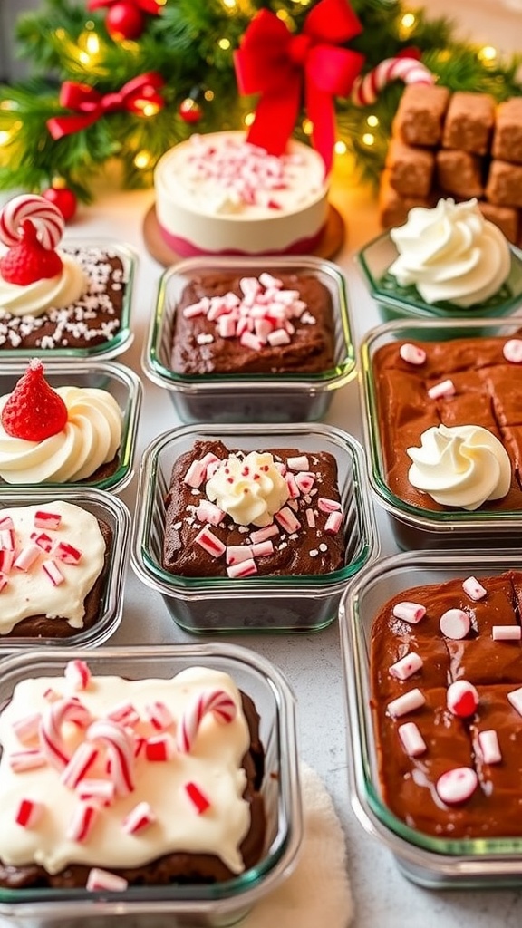Assorted Christmas desserts including brownies and gingerbread cake in festive 8x8 dishes.